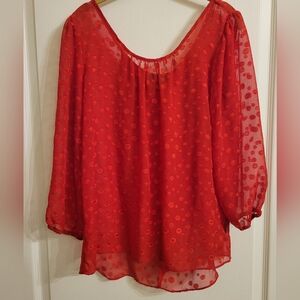 A. Byer sheer, true red blouse with bow on the back, size medium